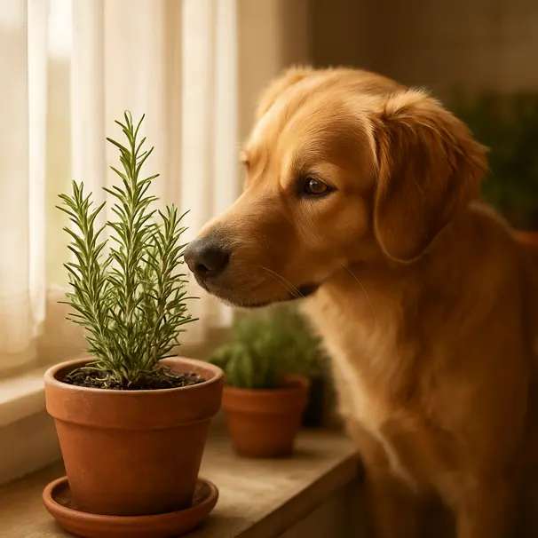 Golden retriever mix sniffing a rosemary plant on a sunny kitchen windowsill, morning light, indoor home herb setup