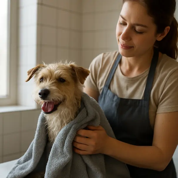 Pet carer drying a small terrier in a grooming studio after using a rosemary-scented shampoo, dog calm and content