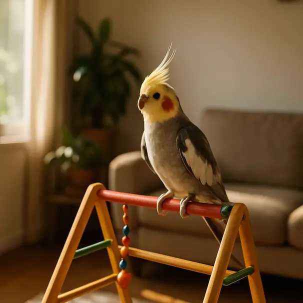 Cockatiel on a wooden play gym in a sunlit living room, morning light, houseplants and couch in background