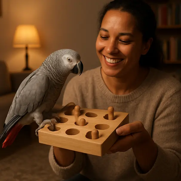 African grey playing with a puzzle feeder in a cozy evening living room with a pet carer holding the toy