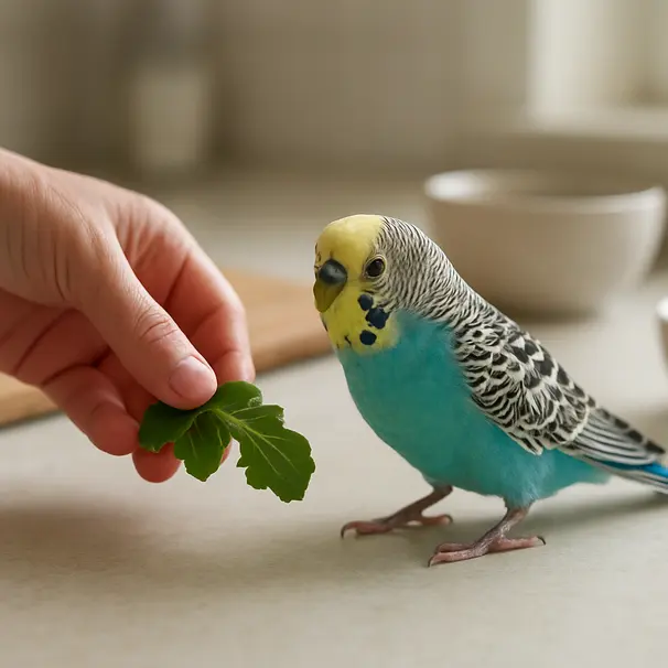 Budgie on a kitchen counter being offered fresh greens by a hand, bright midday kitchen scene
