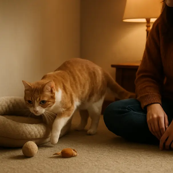 Eine scheue gerettete Katze erkundet eine ruhige Rückzugsecke mit Bettchen und Spielzeug, Betreuungsperson sitzt nah und ruhig dabei.