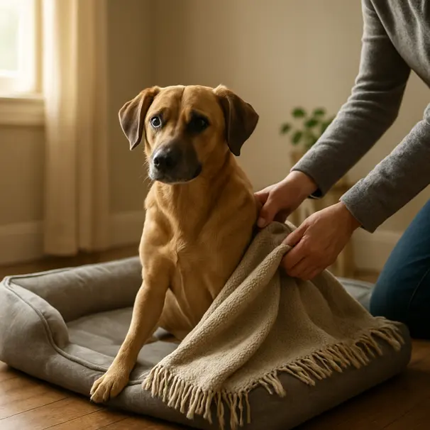 Ein geretteter Hund ruht sich im neuen Zuhause aus, auf einer Decke neben einem Hundekorb, Freiwillige räumen im Hintergrund auf.