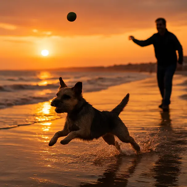 Terrier splashing in shallow water at Portobello Beach at sunset, owner throwing ball