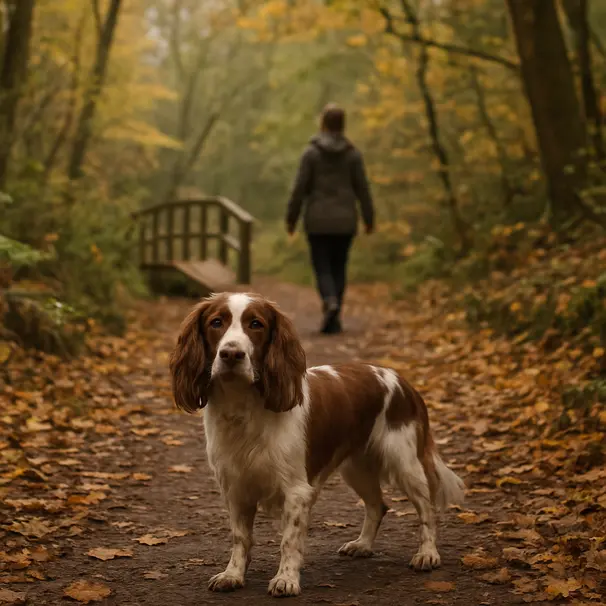 Spaniel walking on autumn woodland trail, pet carer crossing wooden footbridge in background