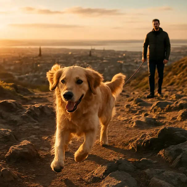 Golden retriever near Arthur's Seat summit, owner in background, city panorama visible