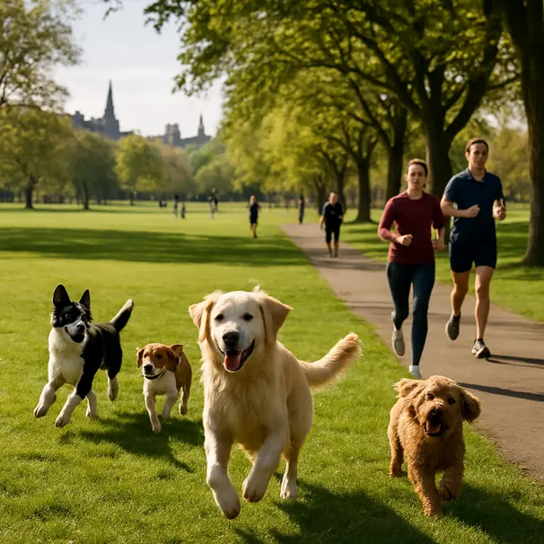 Multiple dogs playing off-lead on The Meadows, trees and city buildings in background