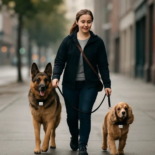 Pet carer walking a German shepherd and cocker spaniel wearing wearable sensors on a city sidewalk.