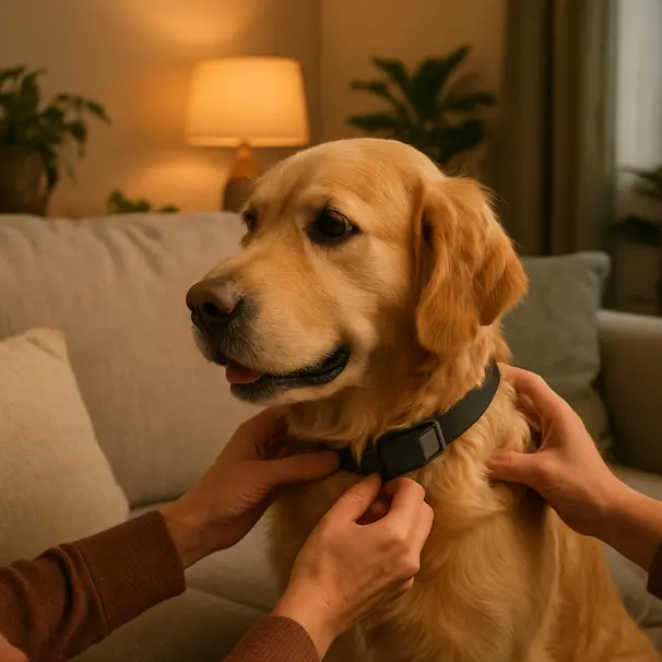 Owner fitting a smart collar onto a golden retriever in a cozy living room.