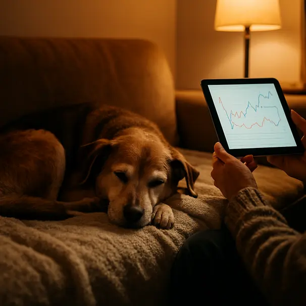 Owner holding a tablet showing activity charts while cuddling an elderly dog on the couch.