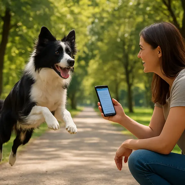 Border collie jumping in a sunny park while owner checks dog translation app on smartphone.