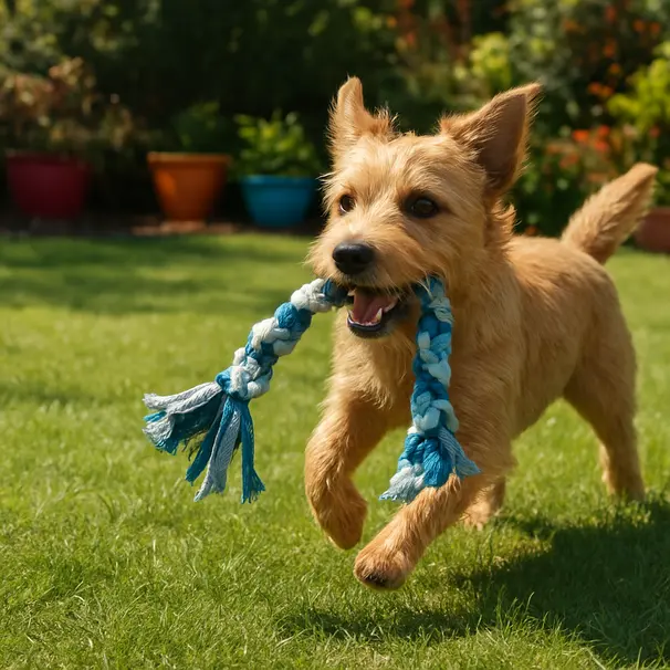 Small terrier playing with a homemade braided tug toy in a sunny backyard with garden planters and green lawn.