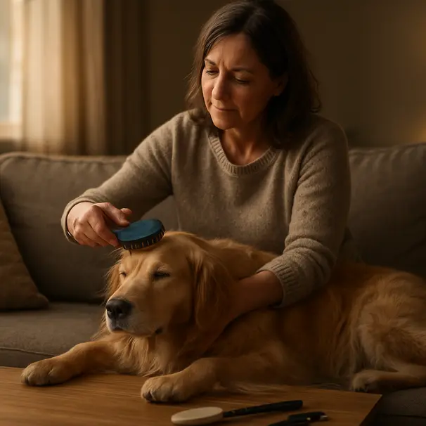 Woman brushing a golden retriever on a living room sofa with grooming tools on a coffee table, evening light and calm atmosphere.