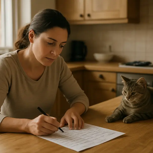 Pet carer at a kitchen table checking a feeding schedule with a tabby cat lounging on the counter in a warm home kitchen.
