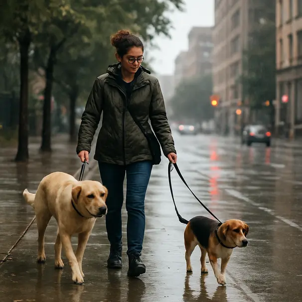 Pet carer walking a Labrador and a beagle on a wet city sidewalk in light rain, with buildings and trees in the background.
