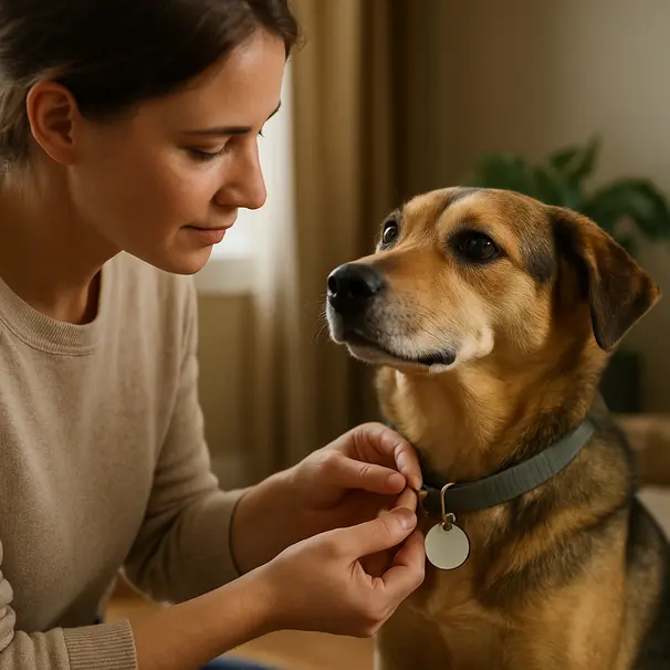 Pet carer kneeling in living room checking a medium mixed-breed dog’s collar and ID tag, dog relaxed on rug
