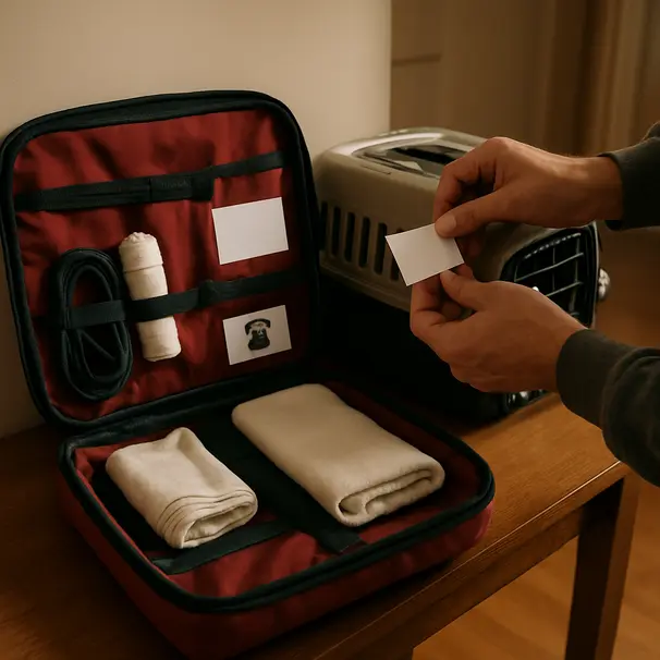 Open pet emergency kit on a hallway table with leash, bandages, vet contact card, and blanket, hands arranging items