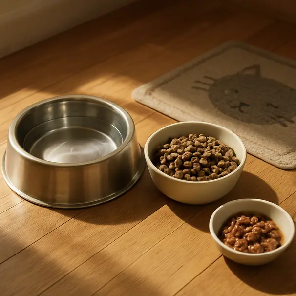 Kitchen scene with a water bowl and measured pet food portion on a wooden floor, morning sunlight illuminating the bowls