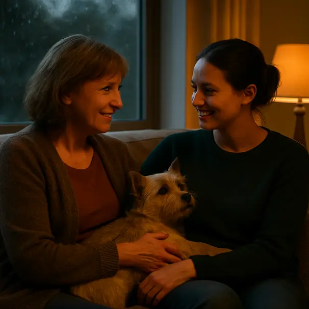 Evening scene of a small terrier curled on a person’s lap with a pet carer nearby, warm lamp light and rainy window in background