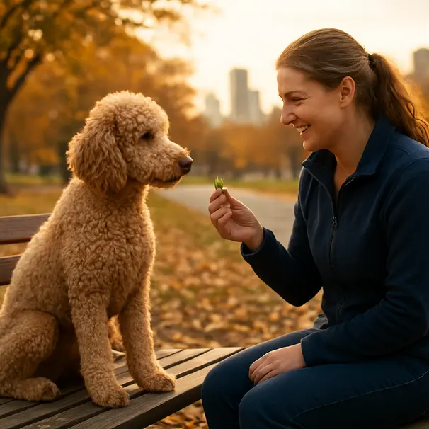 Curly-coated poodle sitting on a bench in a park, pet carer offering a small piece of cabbage, city skyline blurred behind