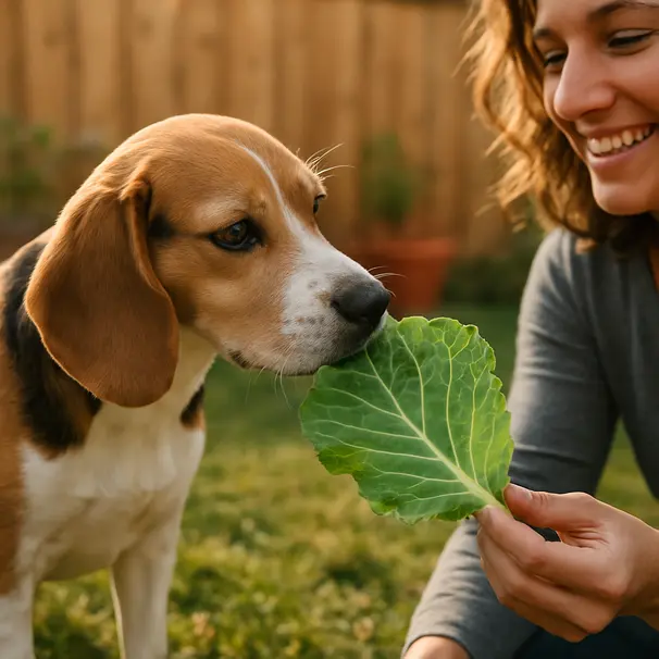 Small beagle sniffing a fresh cabbage leaf in a sunlit backyard, owner holding the leaf, plants and fence in background
