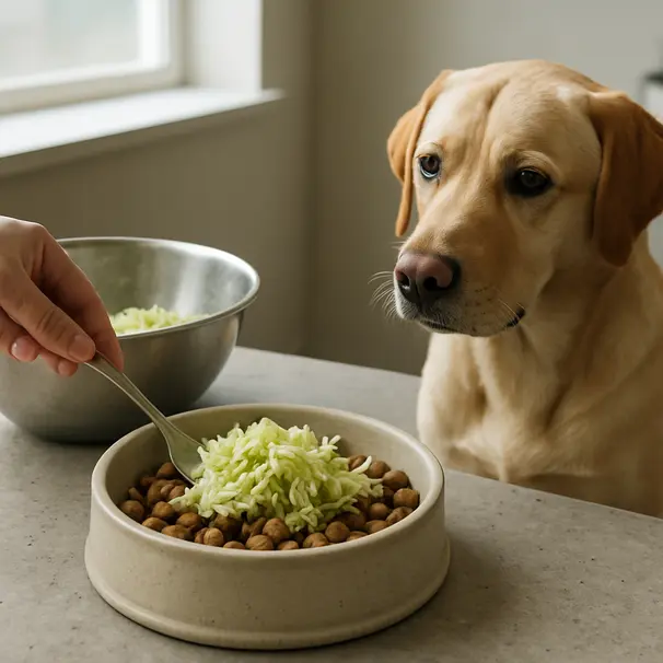 Steamed shredded cabbage being mixed into a dog's kibble on a kitchen counter, Labrador watching, daylight through window