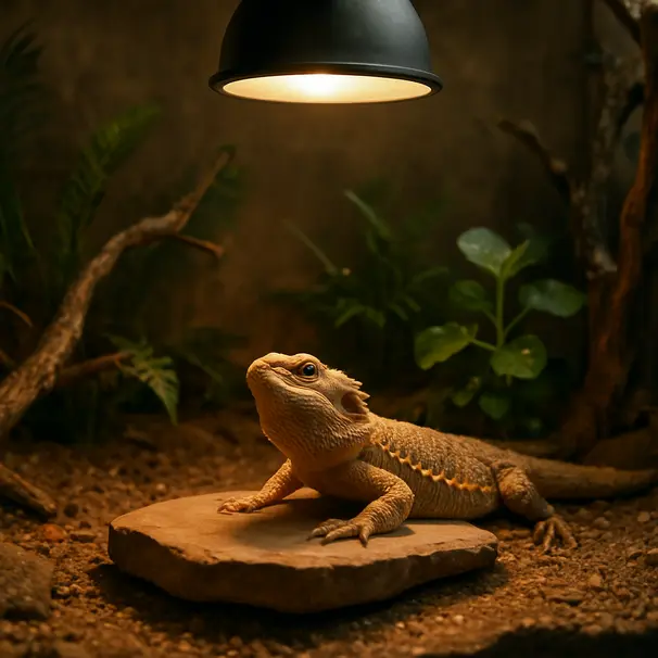 Terrario interno con una pogona che si crogiola su una roccia sotto una lampada UVB, piante e rami sullo sfondo.