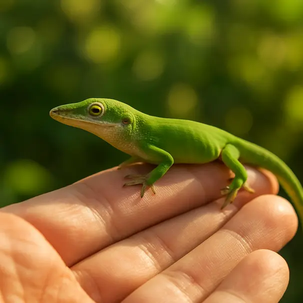Piccola anola verde appoggiata sulla mano di un proprietario, luce mattutina e fogliame verde.