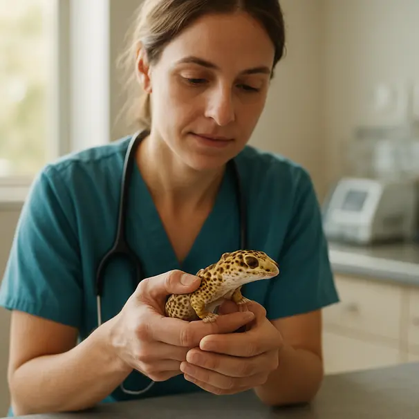 Veterinario che visita un gecko leopardo su un tavolo clinico, ambiente professionale ma accogliente.
