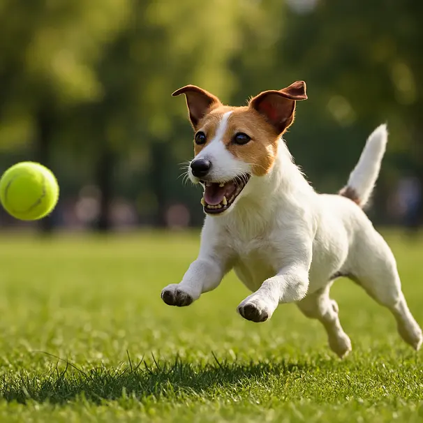 Jack Russell Terrier leaping to fetch a ball in a sunlit park with blurred trees in the background