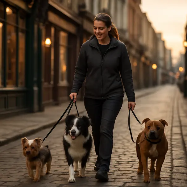 Pet carer walking three terriers on a cobblestone city street at golden hour with warm lamplight