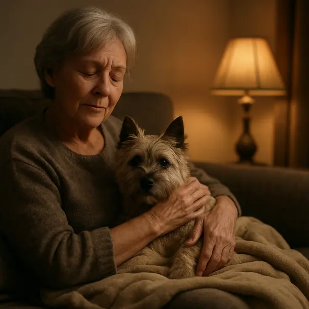 Older woman cuddling a Cairn Terrier on a sofa under warm lamp light in a cozy living room