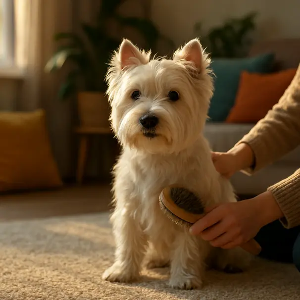 West Highland White Terrier sitting on a living room rug being brushed by a person in warm afternoon light