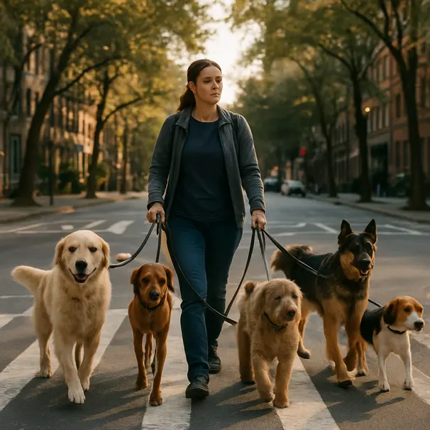 Passeggiata di gruppo al tramonto con cani di varie razze tenuti al guinzaglio da un pet carer lungo una strada cittadina