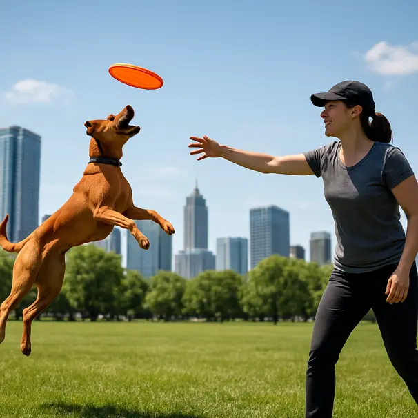 Cane che salta per prendere un frisbee in un'area verde cittadina con un pet carer che lancia il gioco