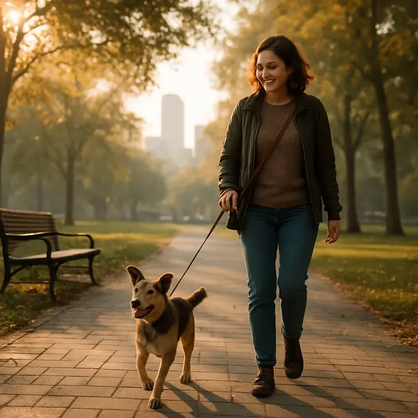 Passeggiata mattutina in un parco urbano con un cane di piccola taglia e un pet carer che camminano su un sentiero alberato