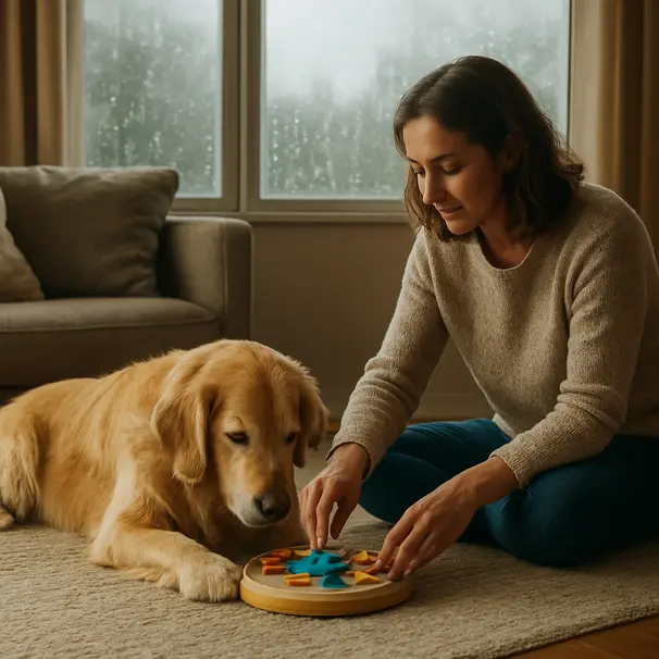 Scena domestica durante una giornata piovosa con un golden retriever e un pet carer intenti a usare un puzzle feeder nel soggiorno