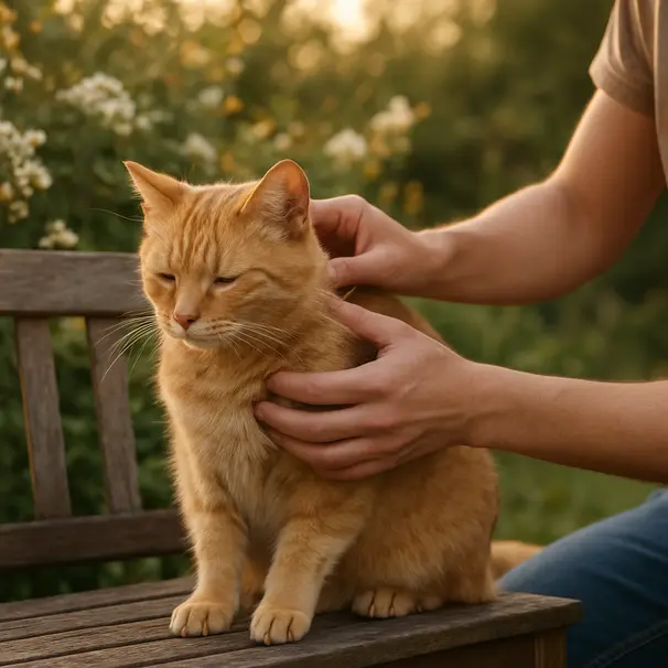 Pet owner examining a ginger cat’s coat on a garden bench during golden hour, plants visible in background