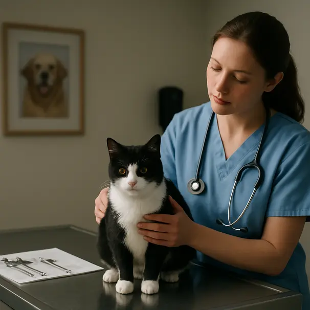 Veterinary nurse examining a black-and-white cat on an exam table in a bright clinic room