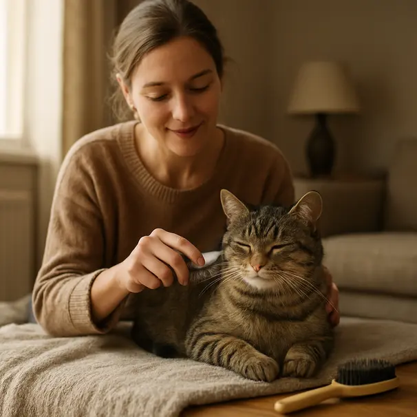 Pet carer brushing a tabby cat on a blanket in a sunlit living room, grooming tools nearby