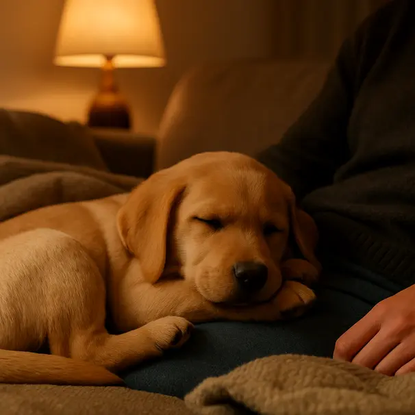 Labrador puppy curled up on a couch in the evening next to a person's lap under warm lamp light, showing a calm cuddle moment.