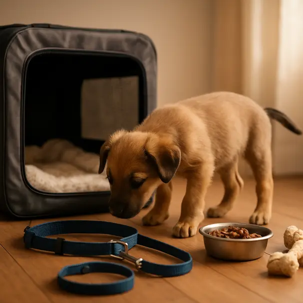 A small mixed-breed puppy in a sunny living room exploring puppy supplies including a crate, blanket, toys, collar, and food bowl.