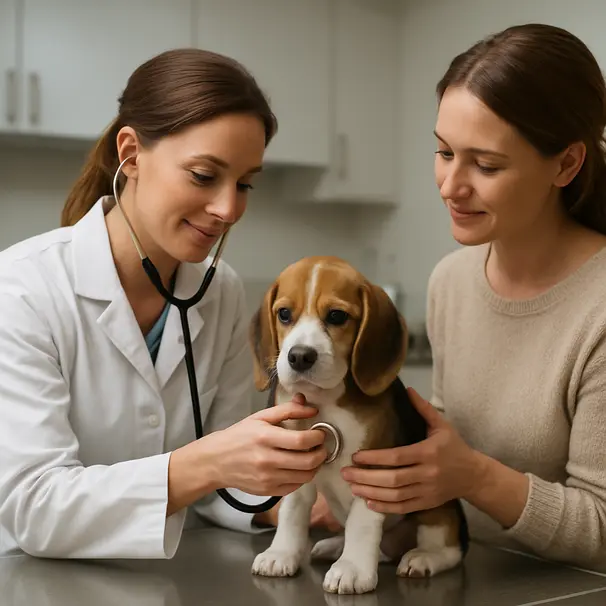 Beagle puppy at a veterinary clinic on an exam table with a vet using a stethoscope and the owner close by offering comfort.