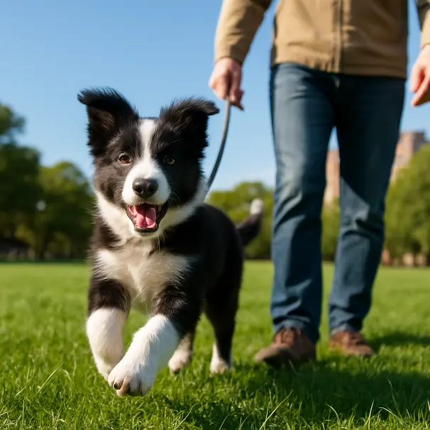 Border collie puppy running and playing on grass in a sunny park with an owner holding a leash nearby.