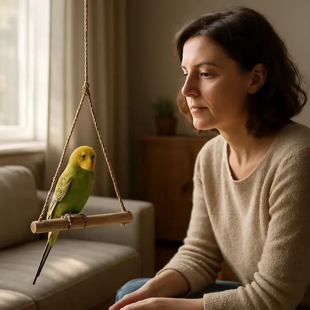 En person som observerer en liten papegøye i et solfylt stuehjørne, fuglen sitter på en trehuske og viser rolig kroppsspråk.