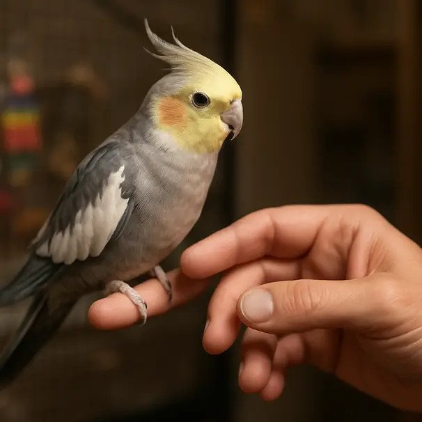 Nærbilde av en cockatiel som tråkker opp på en finger under en myk treningsøkt, bur og leker i bakgrunnen.