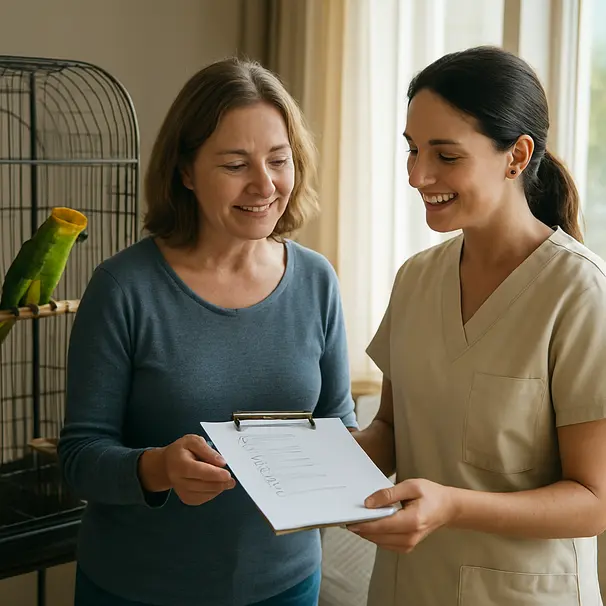 Eier som gir en sjekkliste til en pet carer ved siden av et papegøyebur, dagslys fra vindu og tydelig kommunikasjon mellom dem.