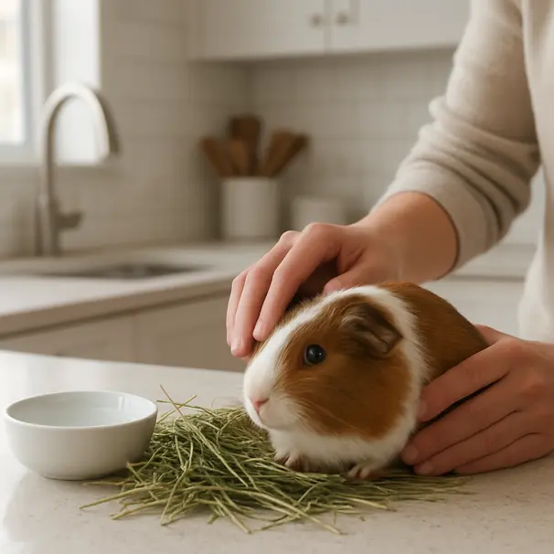 Persona alimentando a una cobaya en la cocina del apartamento, platos y heno visibles