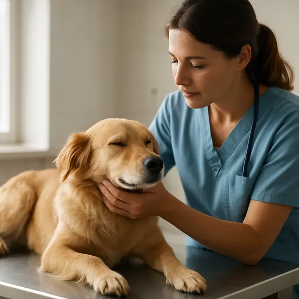 Vet examining a calm golden retriever mix on an exam table in a bright clinic