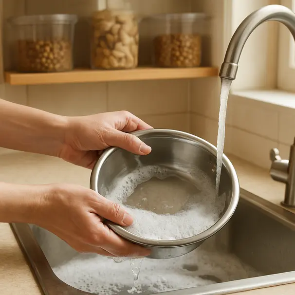 Close-up of hands washing a dog's stainless steel bowl in a bright home kitchen sink